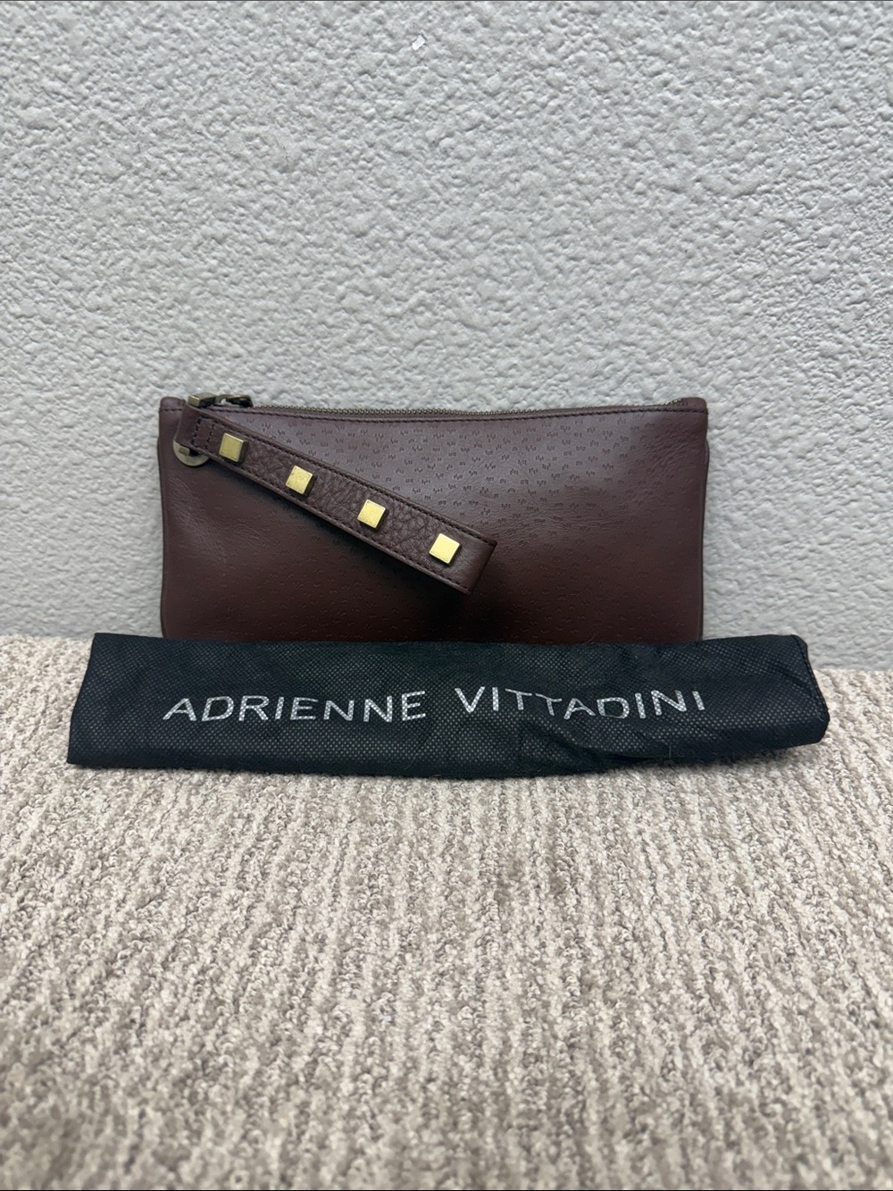 Adrienne Vittadini Dark Brown Leather Wristlet with Gold Accents